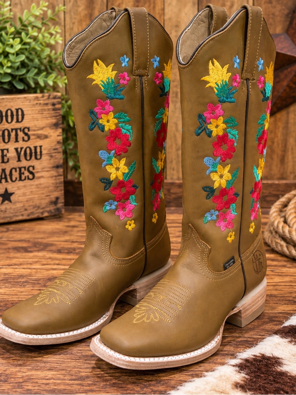 REYME Women's Floral Embroidered Western Cowboy Boots Olive Brown Square Toe